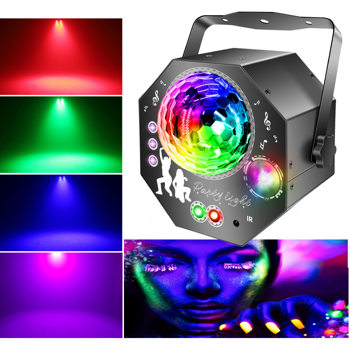 4v1 disco koule – párty světlo se 64 vzory, hudbou řízená disko lampa s dálkovým ovládáním, RGB-UV stroboskop pro domov, bar, klub, venkovní použití a narozeninové oslavy