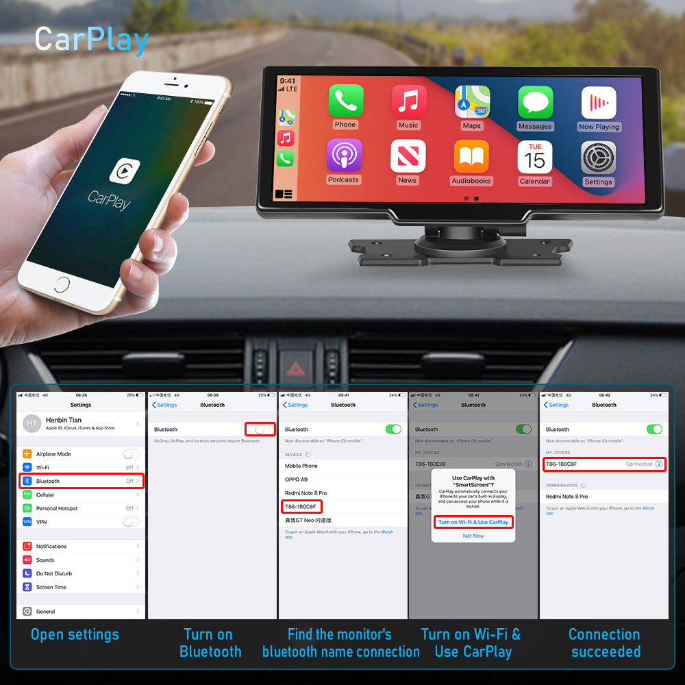 NOEIFEVO C200 מסך CarPlay בגודל 10.26 אינץ', רדיו רכב נייד תואם Apple CarPlay ו-Android Auto, מסך IPS מגע, מצלמת רכב 4K, מצלמת רוורס 1080P, סירי, ניווט GPS, בלוטות', MirrorLink, FM