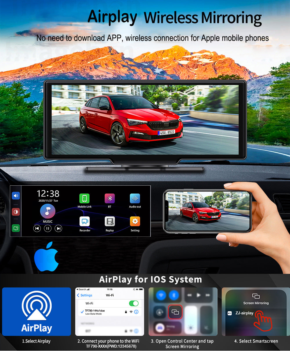 NOEIFEVO C200 Pantalla CarPlay de 10,26 pulgadas, Radio portátil compatible con Apple CarPlay y Android Auto, Pantalla táctil IPS, Cámara Dash 4K, Cámara de reversa 1080P, Siri, Navegación GPS, Bluetooth, MirrorLink, FM