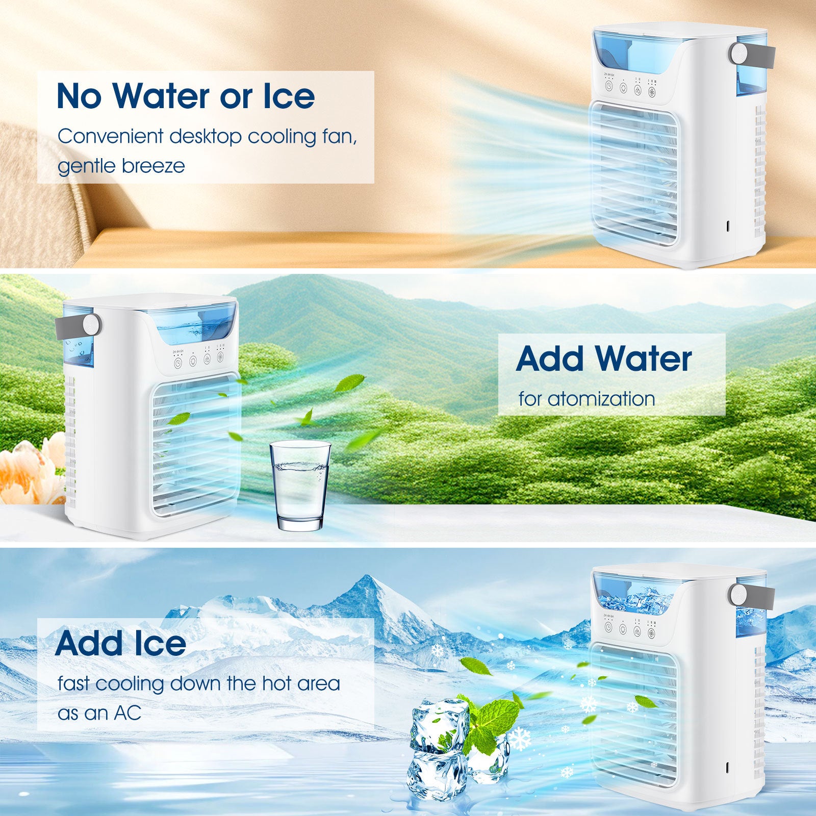 Climatizzatore mobile, climatizzatore mini da 700 ml, climatizzatore portatile 4 in 1 con USB, con timer da 2/4/6 ore, 3 velocità e 2 modalità nebbia, 7 colori, mini raffreddatore d'aria per la casa, l'ufficio