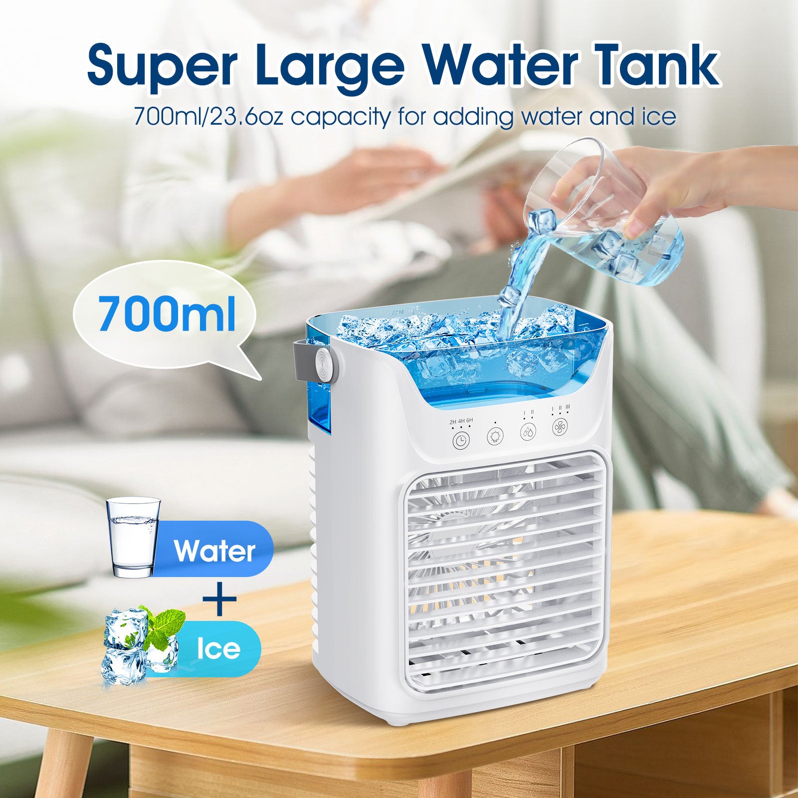 Climatizzatore mobile, climatizzatore mini da 700 ml, climatizzatore portatile 4 in 1 con USB, con timer da 2/4/6 ore, 3 velocità e 2 modalità nebbia, 7 colori, mini raffreddatore d'aria per la casa, l'ufficio