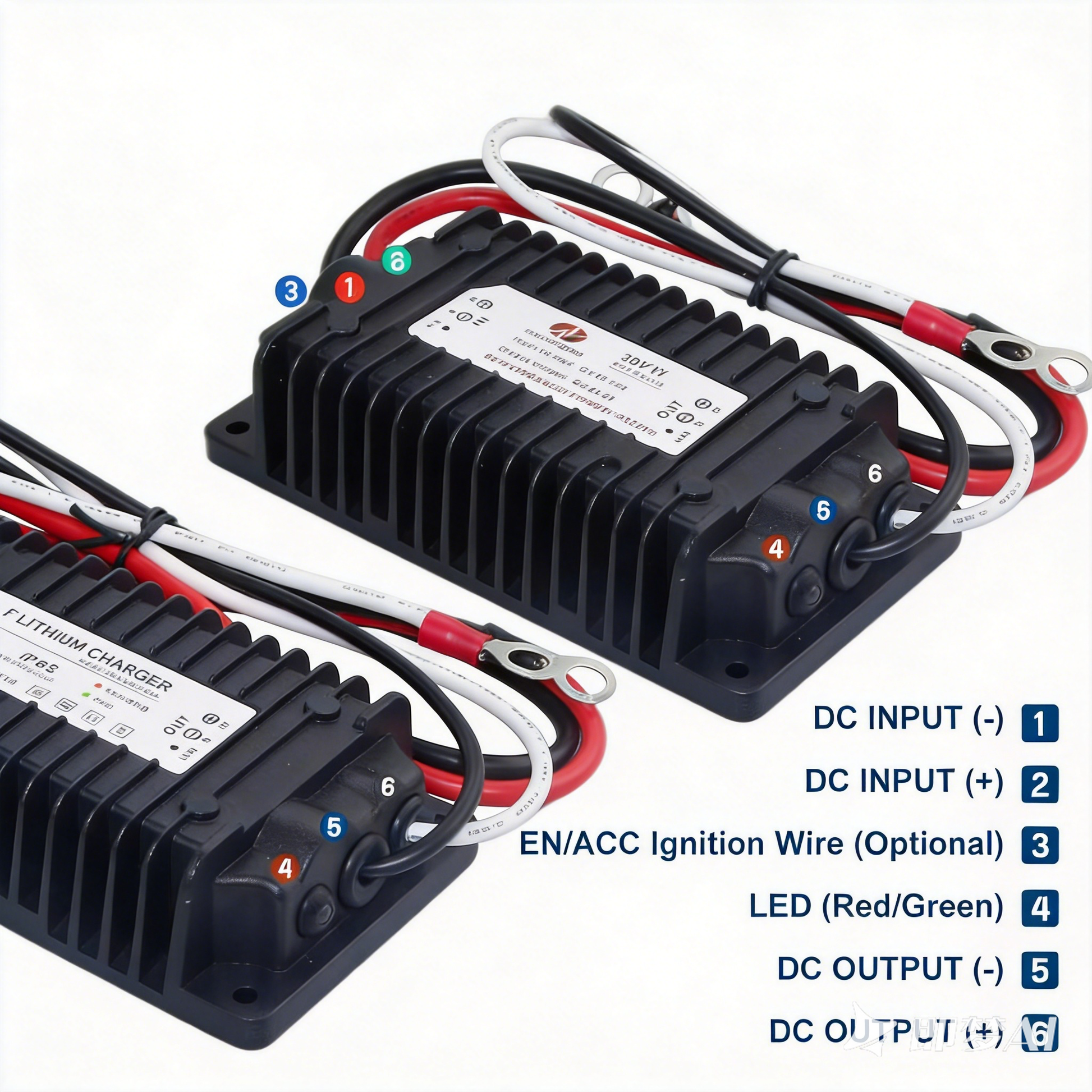 NOEIFEVO Vanntett DC 10-36V til 14,6V 29,2V 43,8V LiFePO4-litiumbatterilader for bobiler, båter, biler og doble batteri-energilagringssystemer